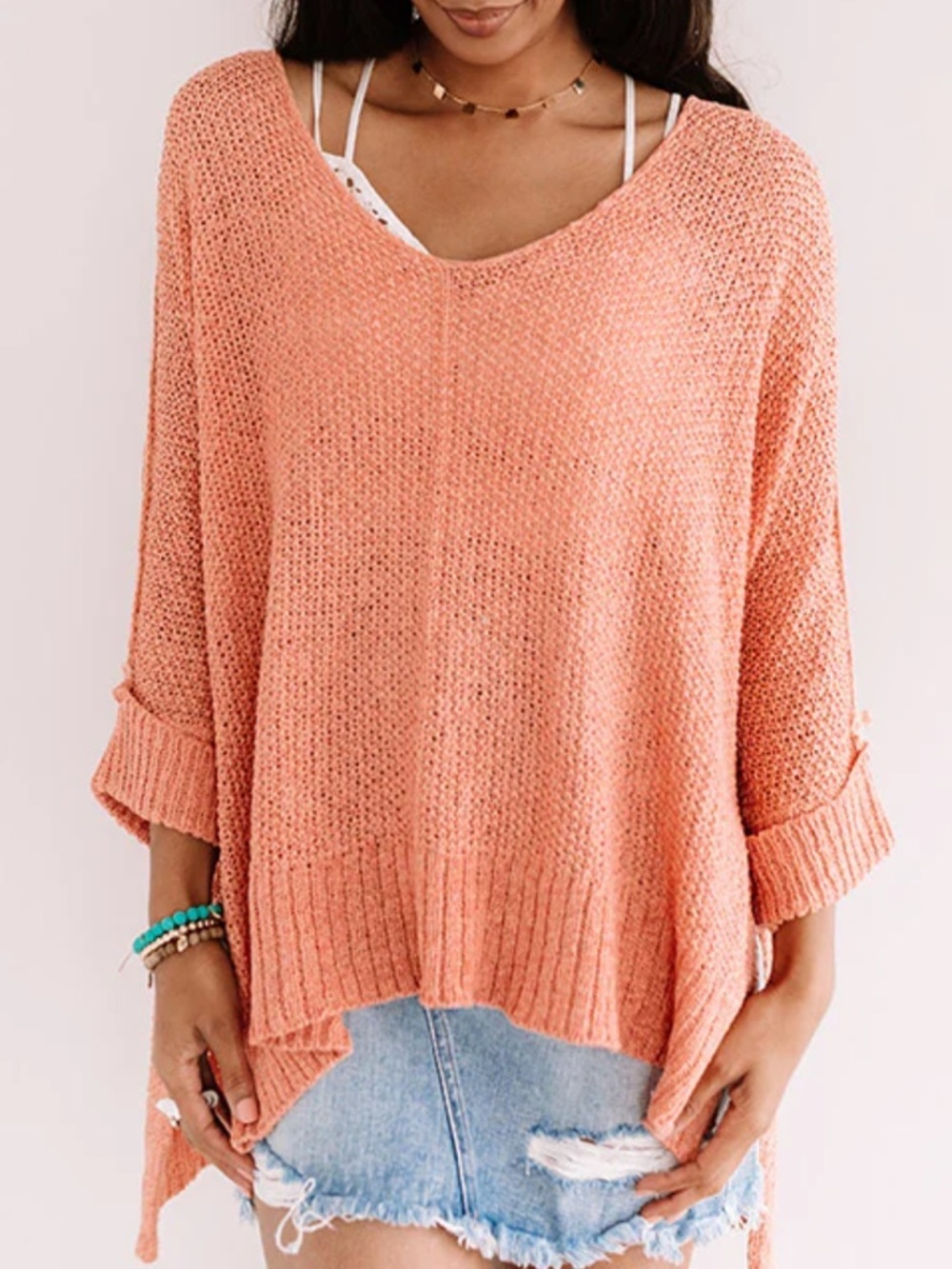 NEW Versona Beach Ready Coral Open-Knit 3/4 Sleeve V-Neck Sweater Women’s Small